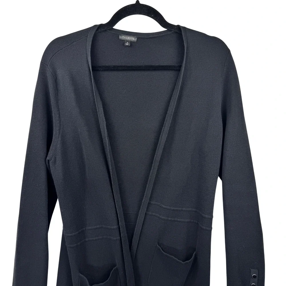 Talbots Cardigan Women Medium Black Open Front Longline Button Cuff Pockets‎